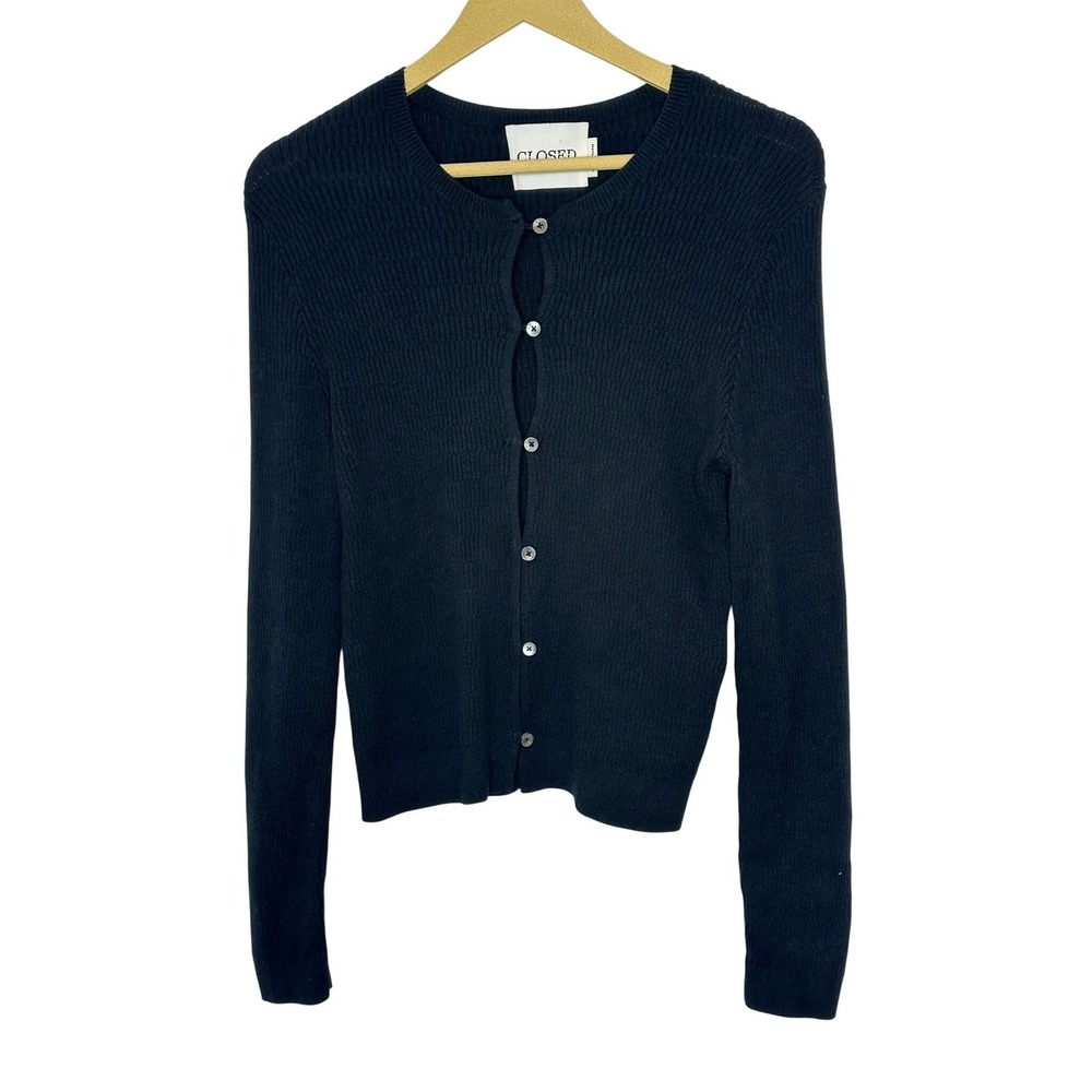 CLOSED Ribbed Knit Cardigan Womens Small Black Excellent Cotton Cashmere C96168